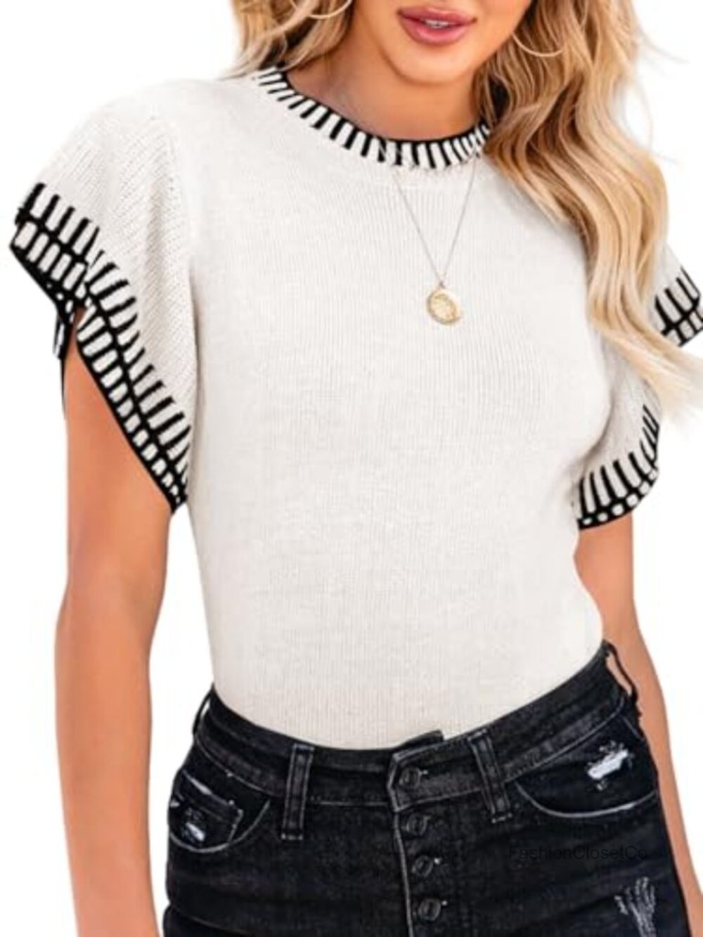 Women's Short Sleeve Knit Sweater Striped Ruffle Crewneck Loose Fit Summer